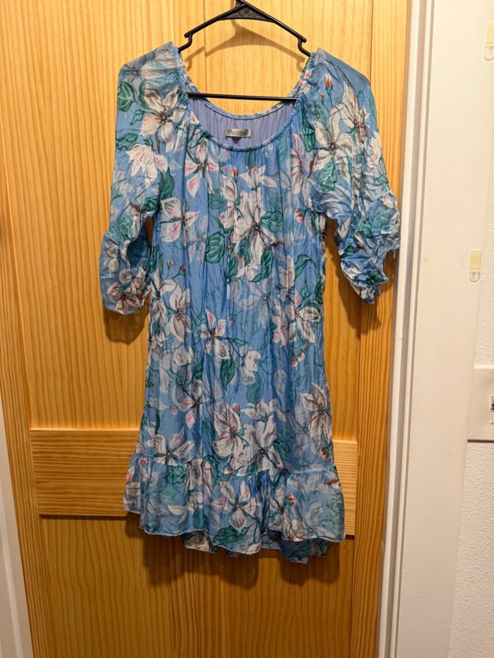 Elena Baldi blue floral silk blend off-shoulder dress